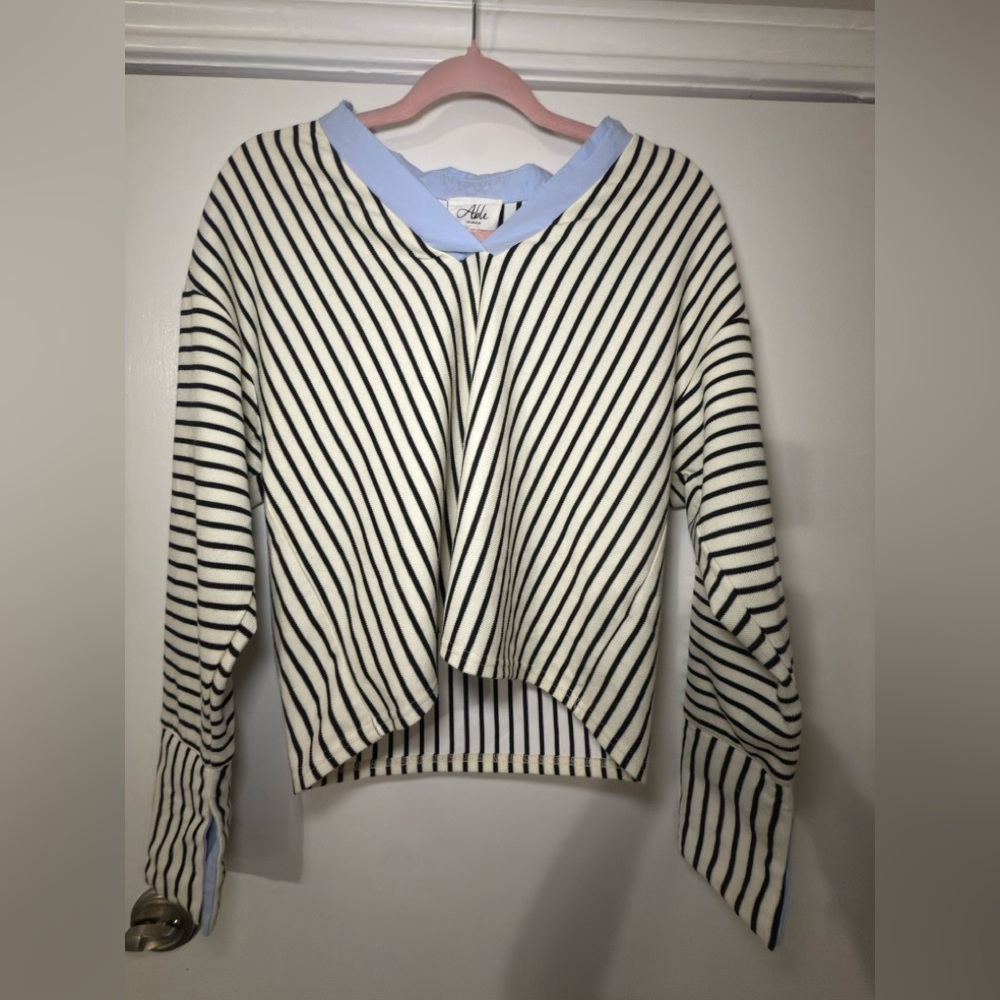 Able Black and White Striped V-Neck Sweatshirt
